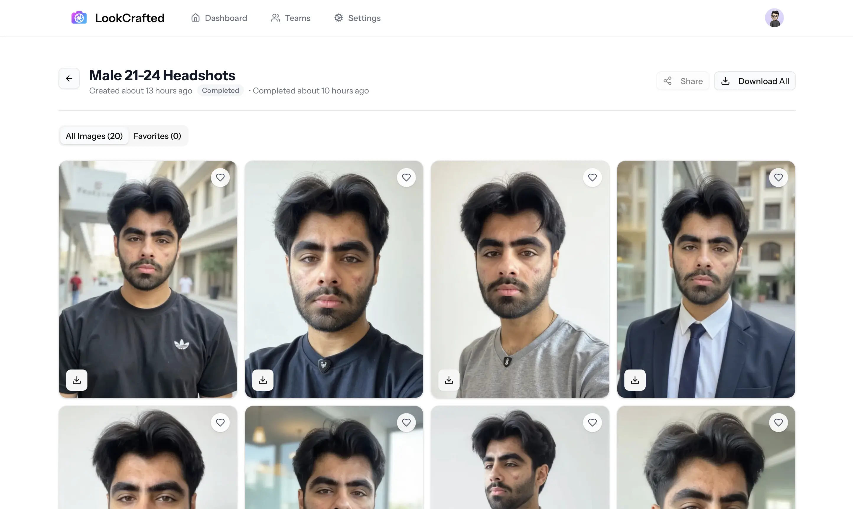 A gallery display of professionally generated AI headshots ready for download.